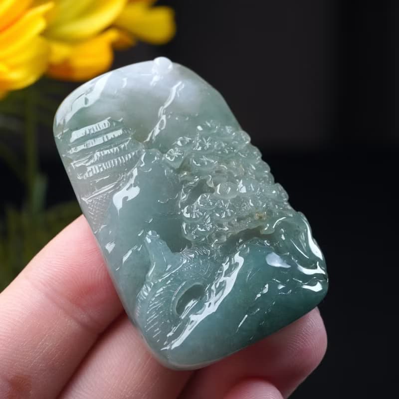 冰種飄綠翡翠精雕山水牌項鍊 | 天然緬甸玉翡翠A貨 | 送禮