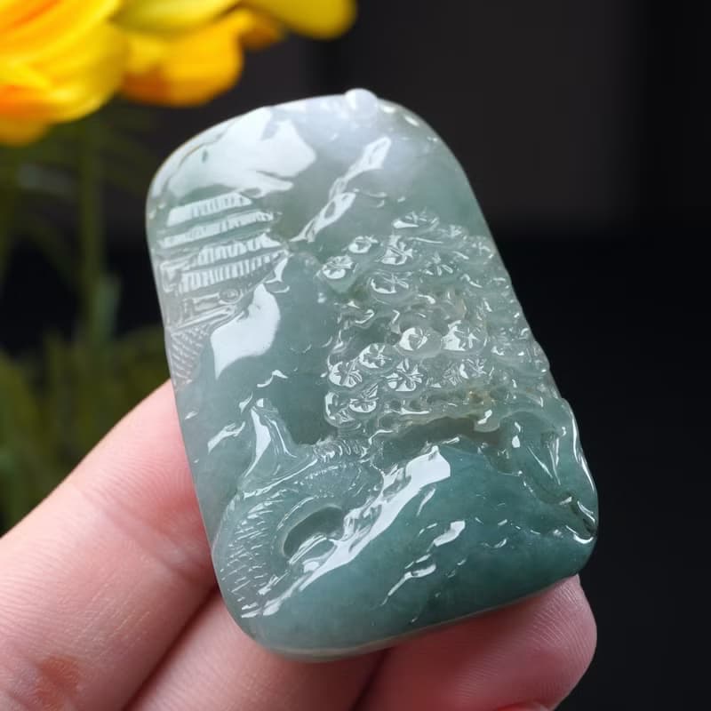 冰種飄綠翡翠精雕山水牌項鍊 | 天然緬甸玉翡翠A貨 | 送禮