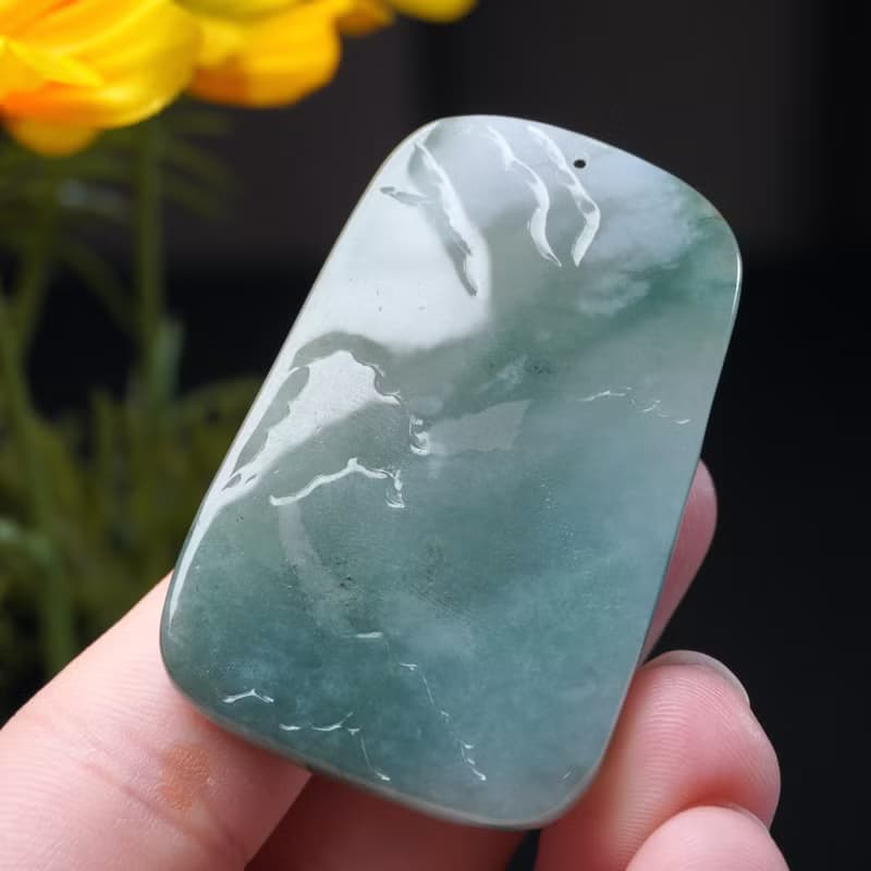 冰種飄綠翡翠精雕山水牌項鍊 | 天然緬甸玉翡翠A貨 | 送禮