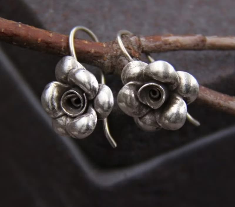 Real S 925 Black Vulcanized Silver Retro Handmade Flower Earrings for Women