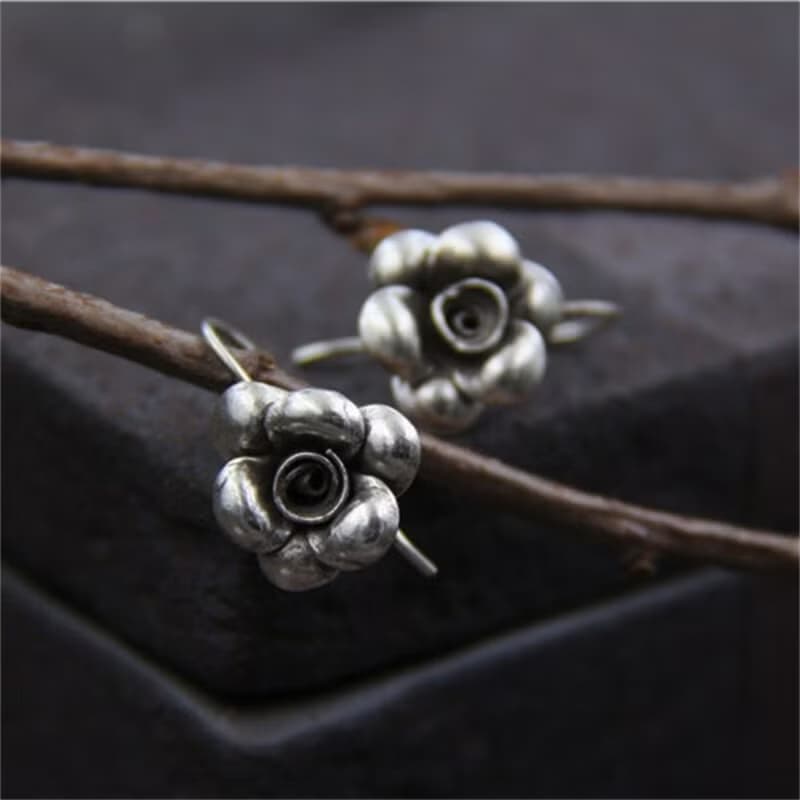 Real S 925 Black Vulcanized Silver Retro Handmade Flower Earrings for Women