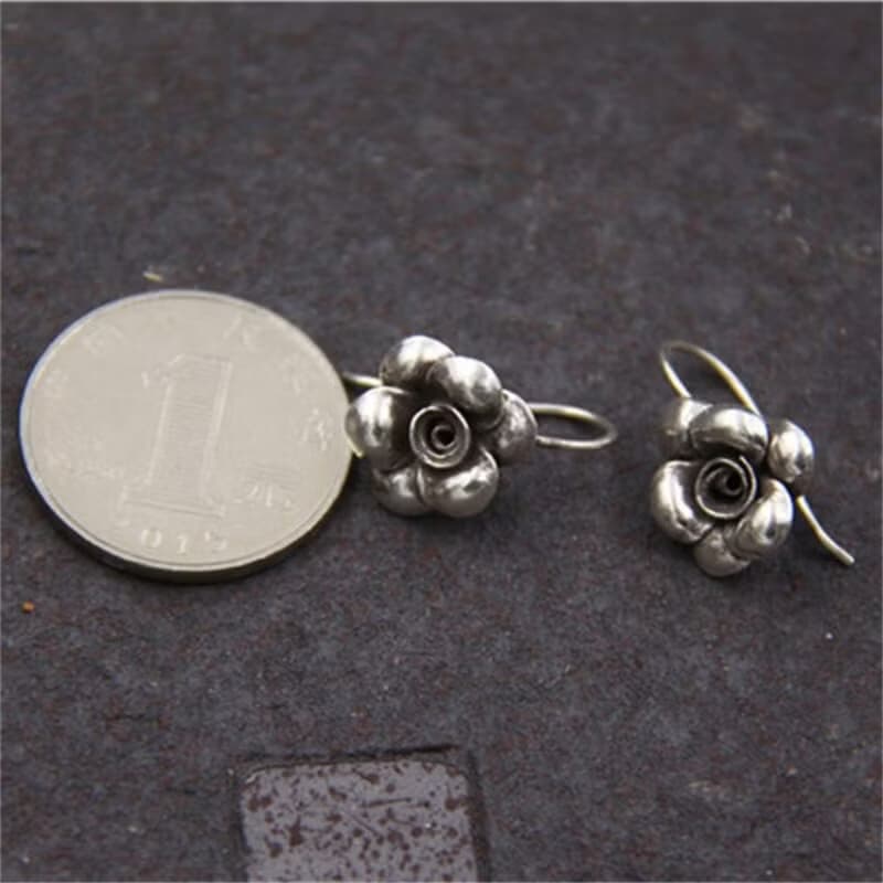Real S 925 Black Vulcanized Silver Retro Handmade Flower Earrings for Women