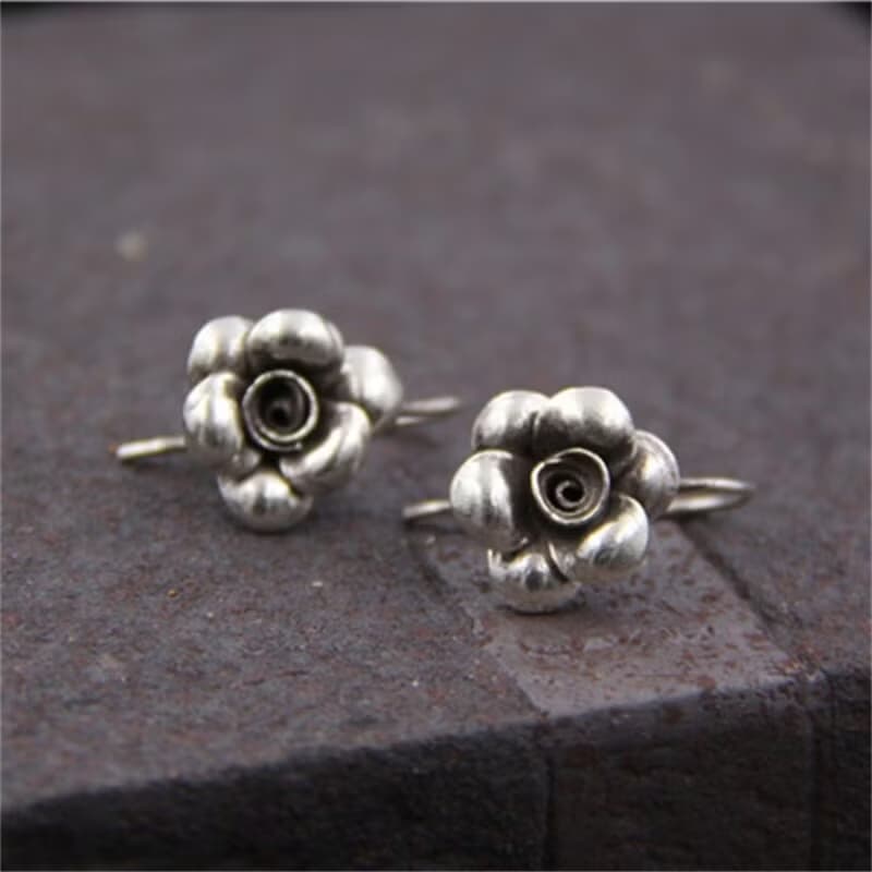 Real S 925 Black Vulcanized Silver Retro Handmade Flower Earrings for Women