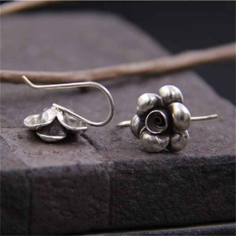 Real S 925 Black Vulcanized Silver Retro Handmade Flower Earrings for Women