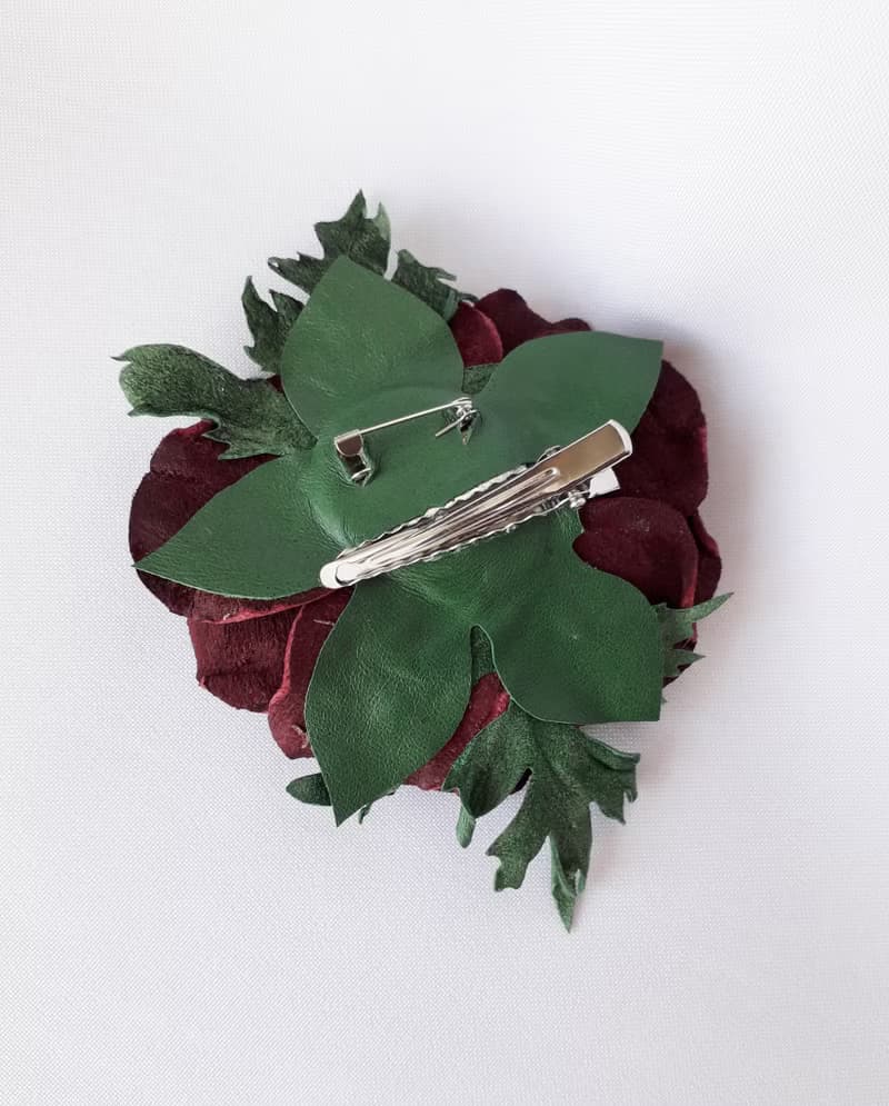 皮革胸針 Bordo leather brooch for her Leather womens jewelry
