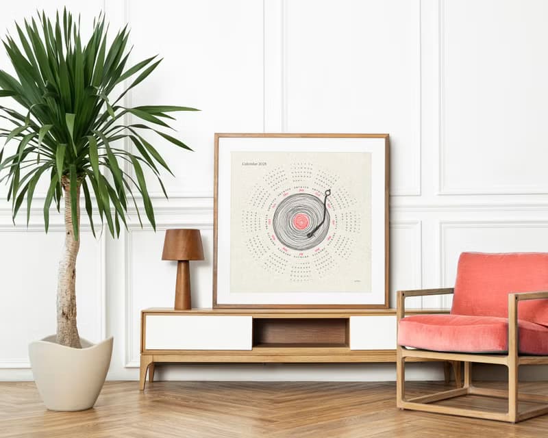 【數位】2025 Printable Yearly Calendar Square Poster Abstract Line Vinyl Record Wall Art