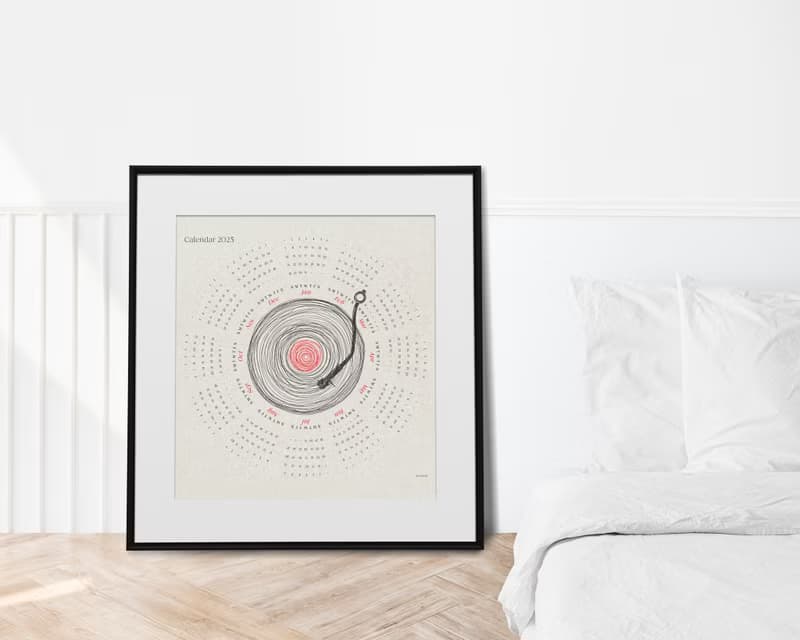 【數位】2025 Printable Yearly Calendar Square Poster Abstract Line Vinyl Record Wall Art