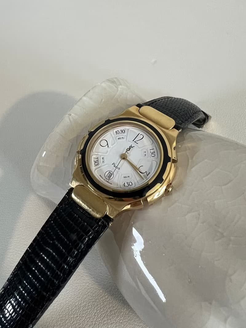 YSL稀有氣質中古金環黑色皮革手錶 日本中古二手