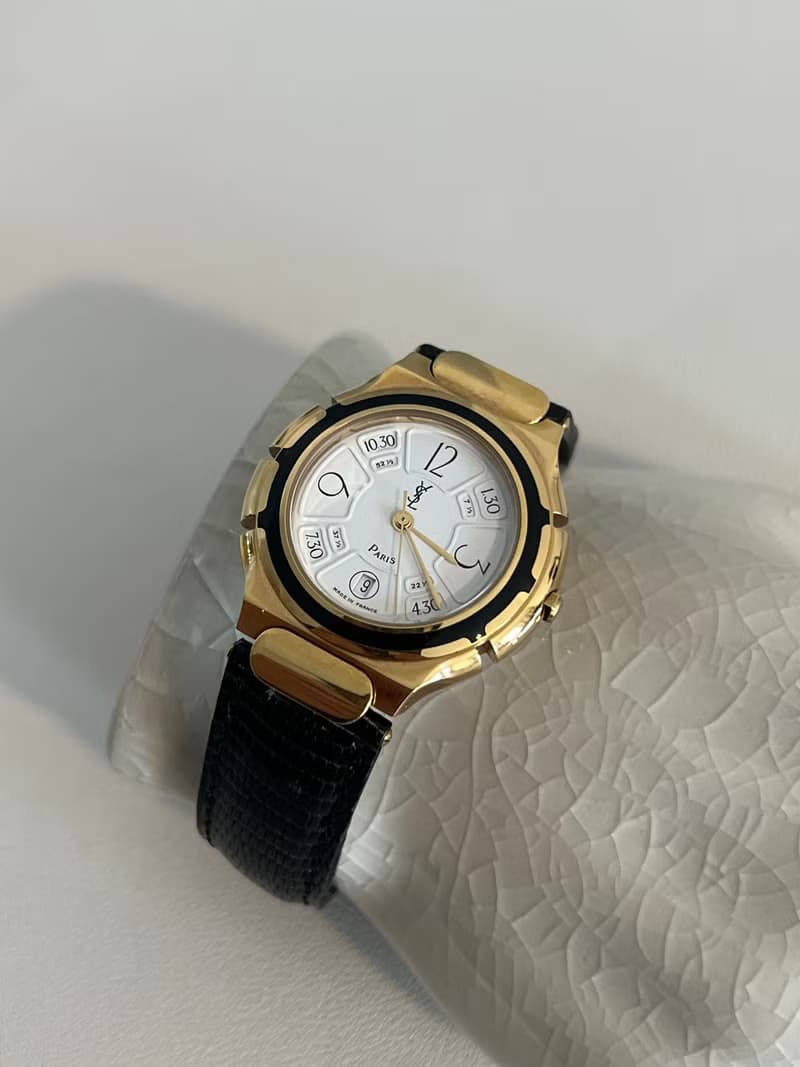 YSL稀有氣質中古金環黑色皮革手錶 日本中古二手
