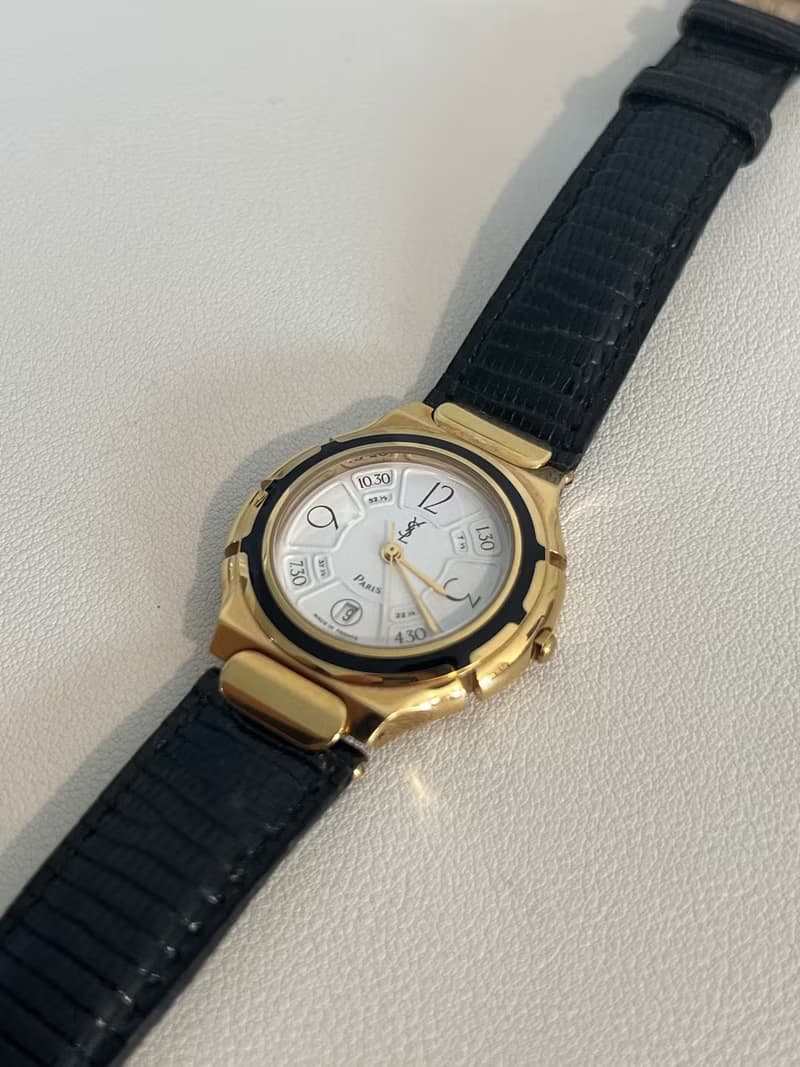 YSL稀有氣質中古金環黑色皮革手錶 日本中古二手