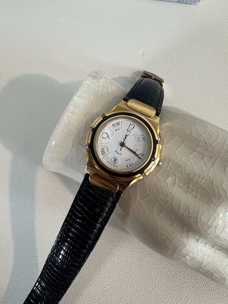 YSL稀有氣質中古金環黑色皮革手錶 日本中古二手