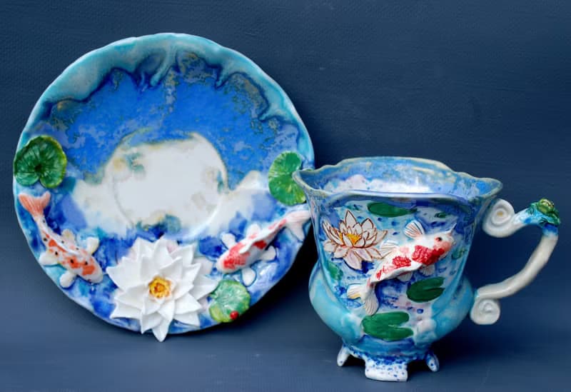 Koi Fish Cup and saucer Beautiful handmade porcelain tea set Blue mug