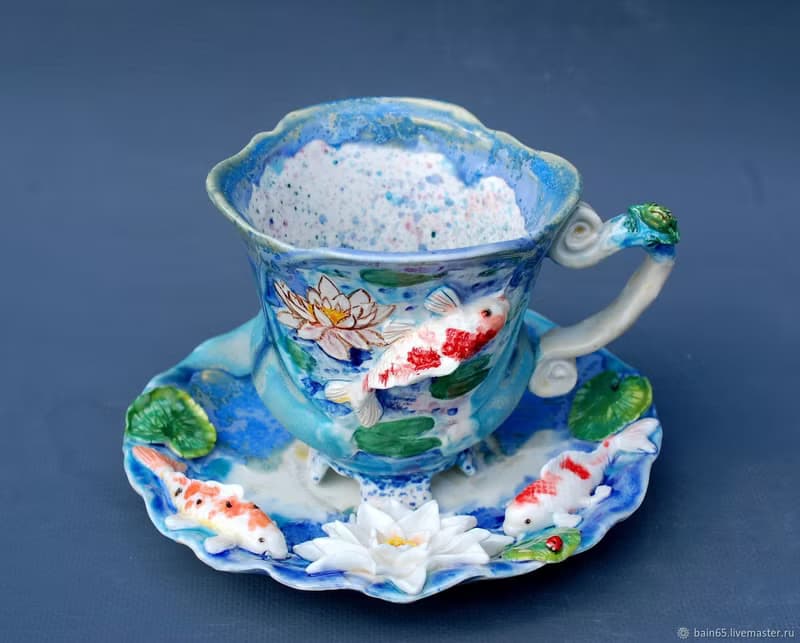 Koi Fish Cup and saucer Beautiful handmade porcelain tea set Blue mug