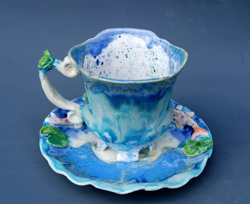 Koi Fish Cup and saucer Beautiful handmade porcelain tea set Blue mug