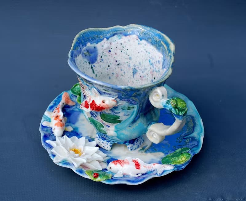 Koi Fish Cup and saucer Beautiful handmade porcelain tea set Blue mug