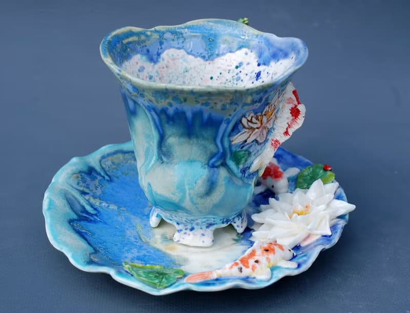 Koi Fish Cup and saucer Beautiful handmade porcelain tea set Blue mug