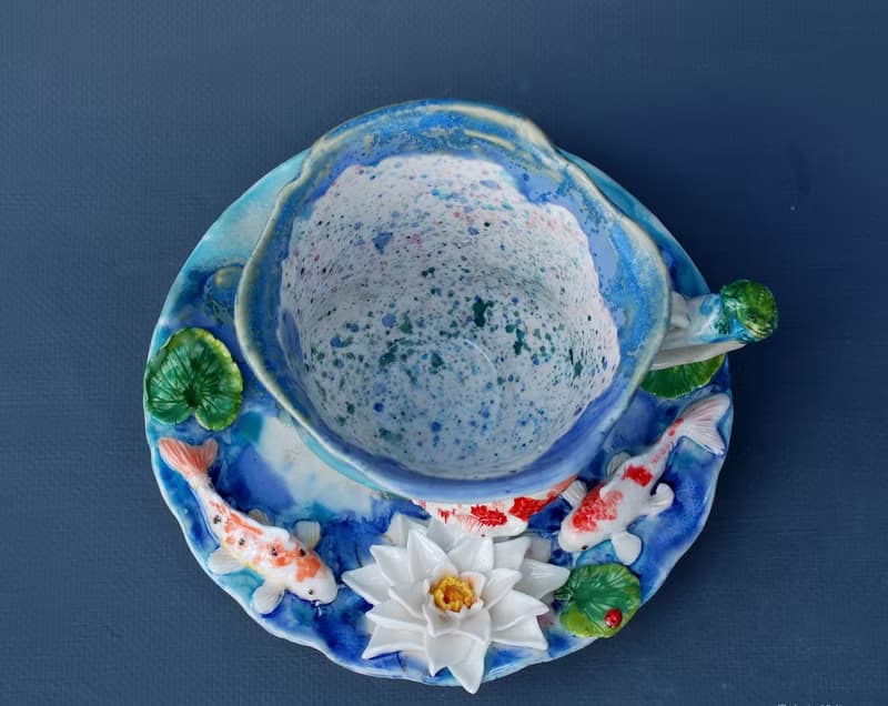 Koi Fish Cup and saucer Beautiful handmade porcelain tea set Blue mug