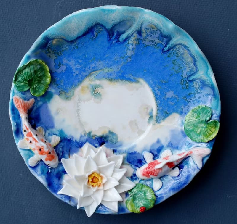 Koi Fish Cup and saucer Beautiful handmade porcelain tea set Blue mug
