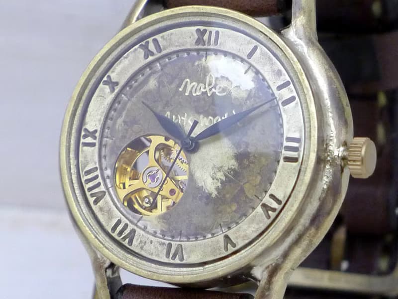 手作り腕時計 自動巻きオープンハート 36mmBrass(真鍮) ローマ数字 手縫いバンド (BAM060ローマ)