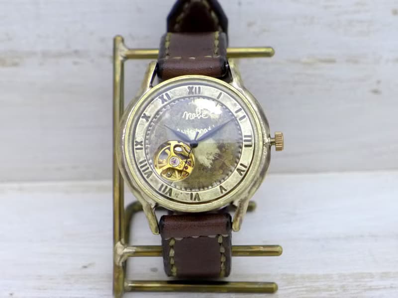 手作り腕時計 自動巻きオープンハート 36mmBrass(真鍮) ローマ数字 手縫いバンド (BAM060ローマ)