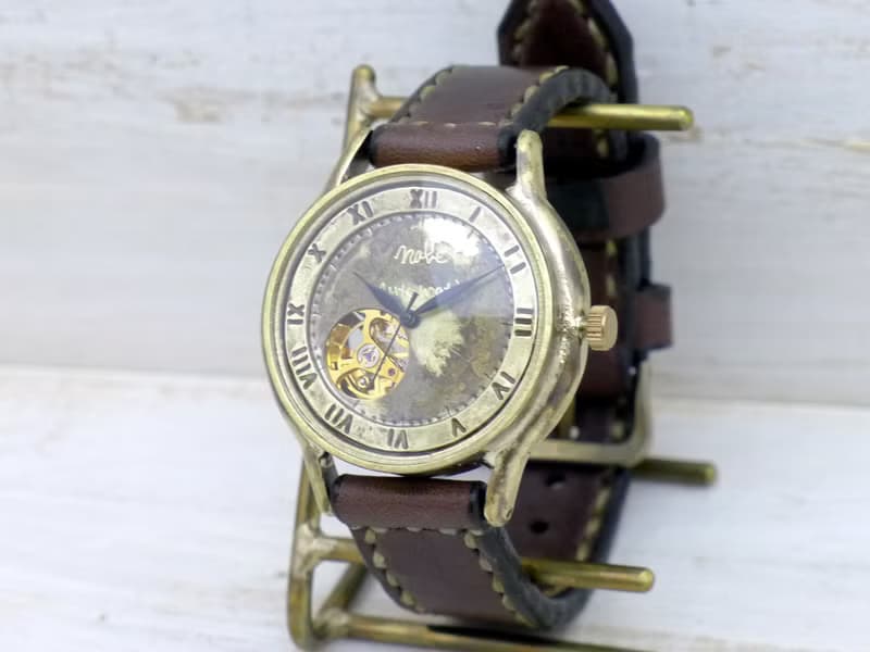 手作り腕時計 自動巻きオープンハート 36mmBrass(真鍮) ローマ数字 手縫いバンド (BAM060ローマ)