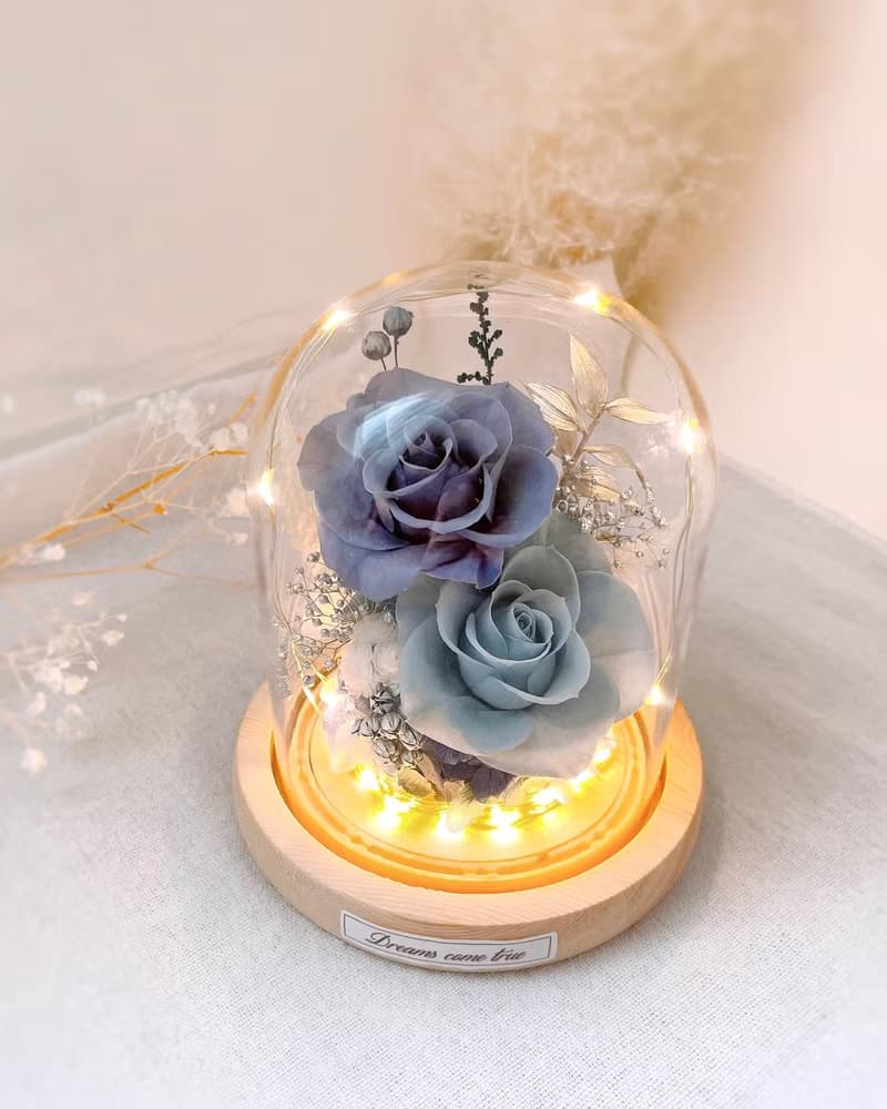 永生花玻璃盅-沈謐灰藍 l 小夜燈 日本玫瑰 情人節禮物