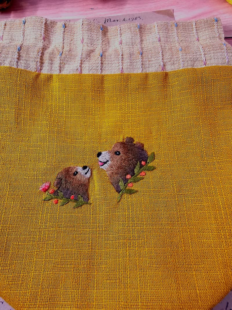 手作刺繡束口袋no.1-熊母子