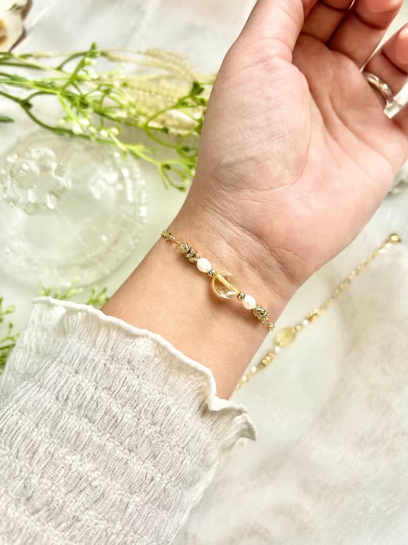 橢圓形黃水晶愛心磁扣手鍊 磁扣式手鍊 黃水晶 淡水珍珠手鍊