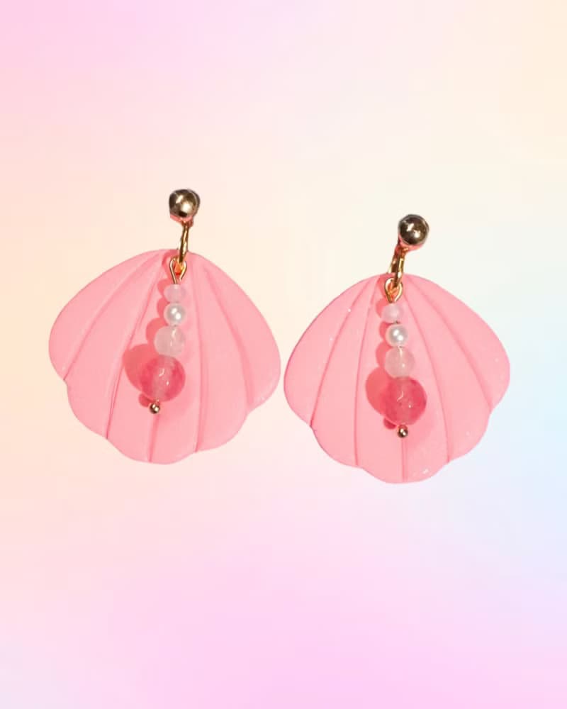 Barbie系列 粉紅貝殼 耳環/耳夾 / 軟陶/ 串珠/ 夏日