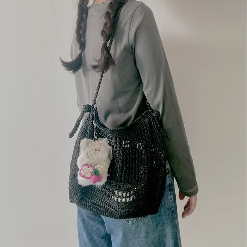 Summer Black Net Shirring Knot Shoulder Bag (Includes AirPod Case Keyring)
