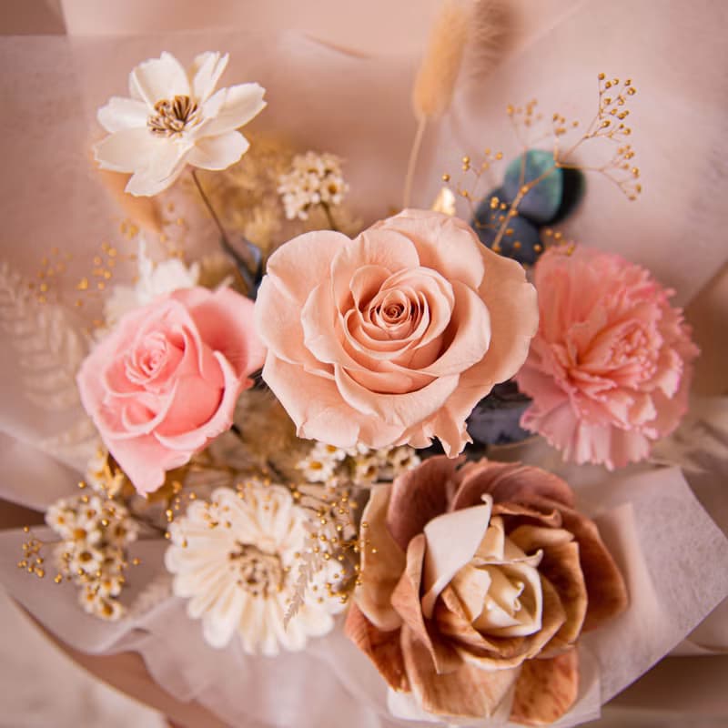 【甜美】粉奶茶金色 永生花 乾燥花花束 / 生日 畢業 告白 求婚