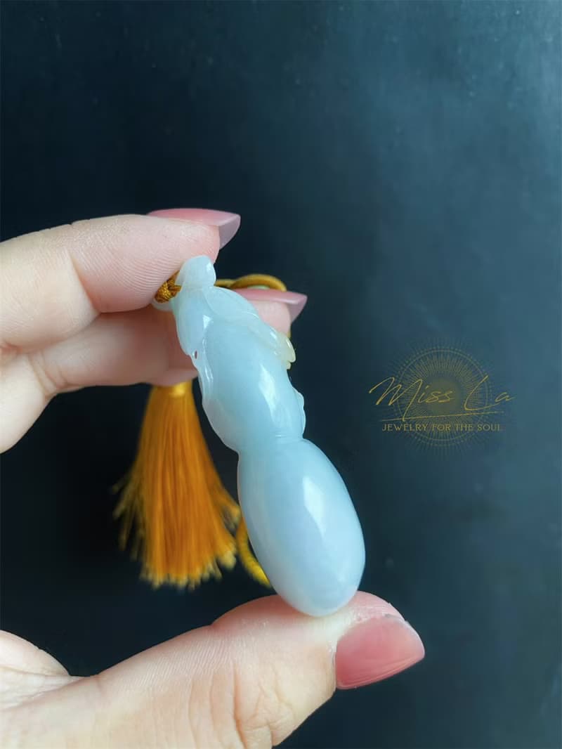 孤品 天然緬甸玉翡翠 淺綠底帶黃翡 立體手工雕葫蘆 禮物 包掛