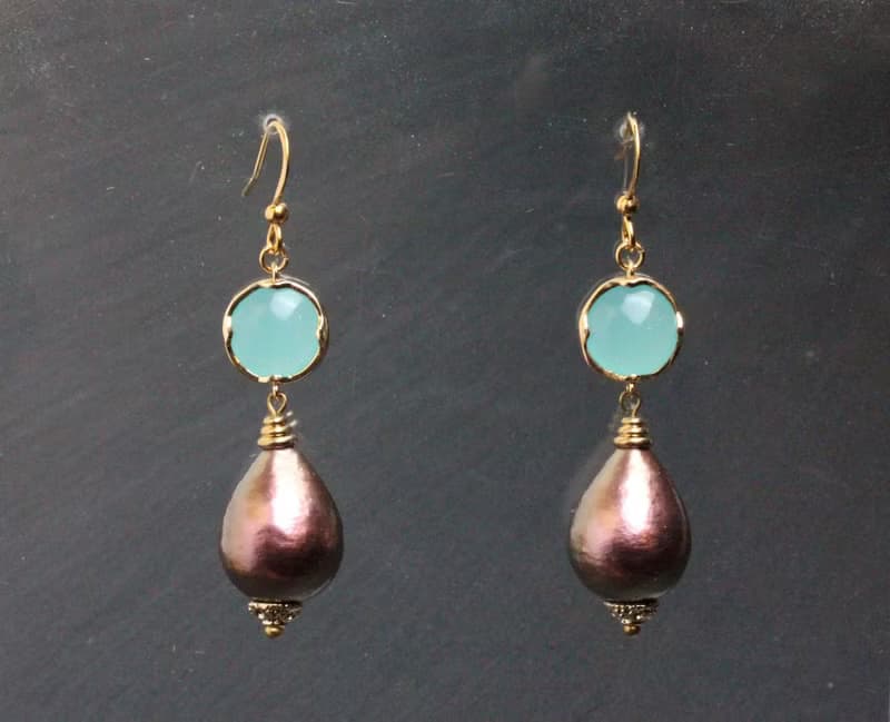 Purple Cotton Pearl Earrings Mint Green Drop Earrings Dangle Long Earrings