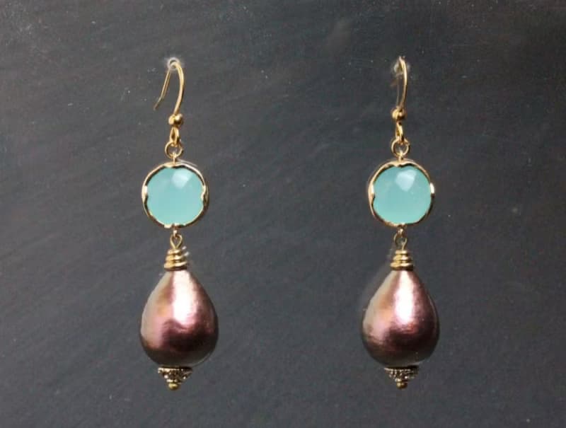 Purple Cotton Pearl Earrings Mint Green Drop Earrings Dangle Long Earrings