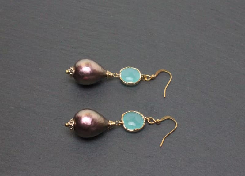 Purple Cotton Pearl Earrings Mint Green Drop Earrings Dangle Long Earrings