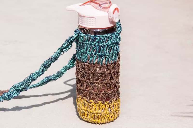手工麻繩水壺袋/手工麻線水壺袋/保溫瓶袋/飲料提袋-棉麻彩虹幾何