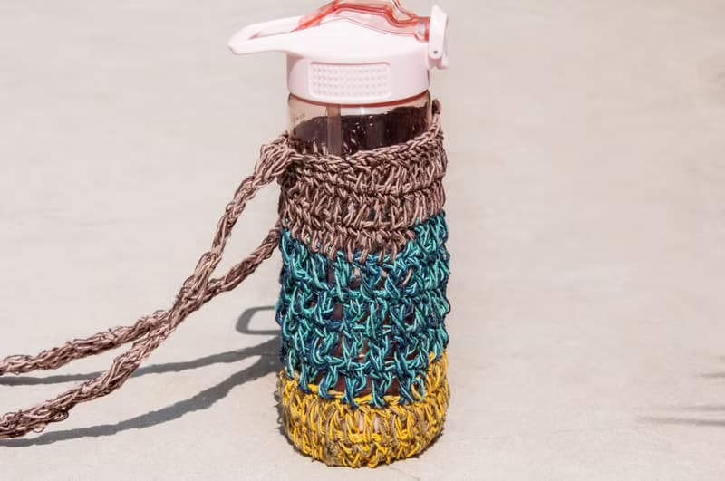 手工麻繩水壺袋/手工麻線水壺袋/保溫瓶袋/飲料提袋-棉麻彩虹幾何