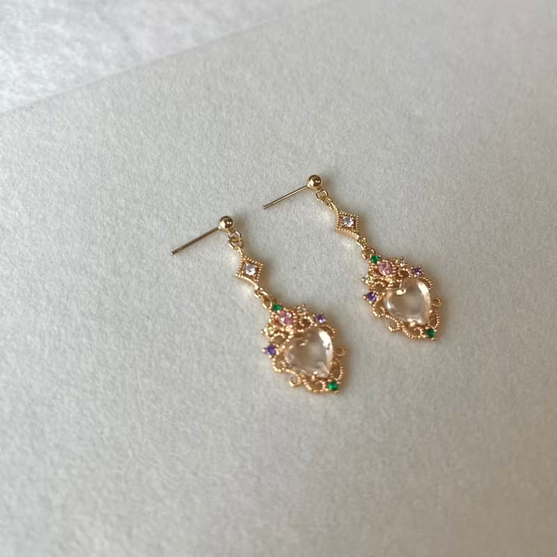 14K包金 彩色寶石蕾絲雕花耳環 耳夾 14KGF