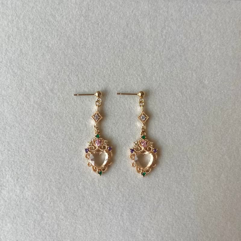14K包金 彩色寶石蕾絲雕花耳環 耳夾 14KGF