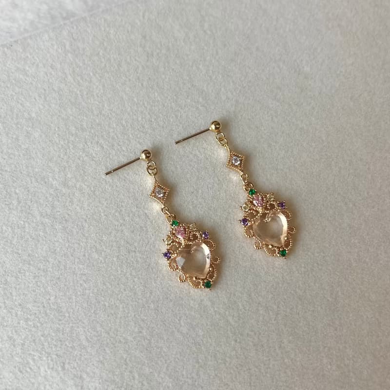 14K包金 彩色寶石蕾絲雕花耳環 耳夾 14KGF