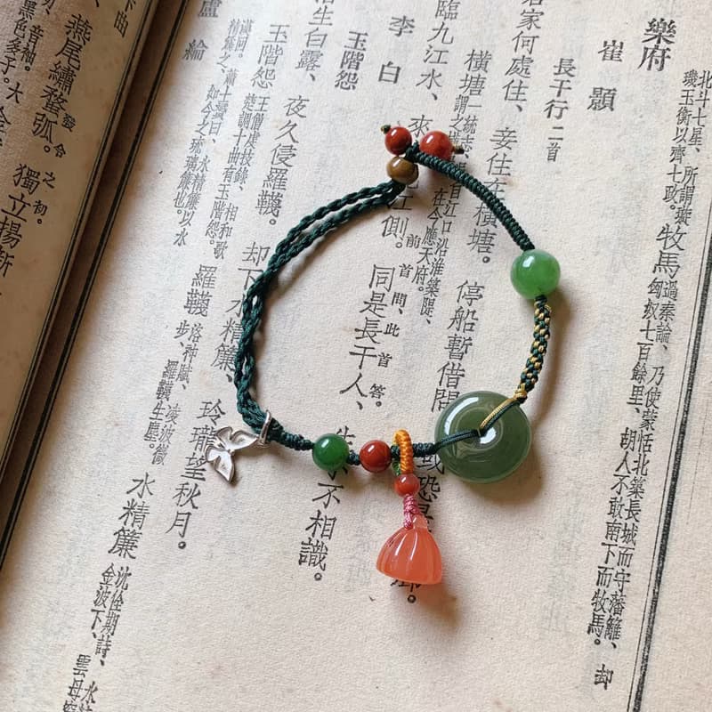 手作 去濁。天然和田玉平安扣復古編織手鏈碧玉南紅翡翠925銀蝴蝶