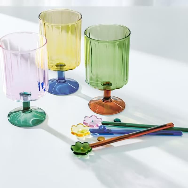 【夏日涼感】日本耐熱玻璃-繽紛撞色飲品杯+同色花花攪拌棒