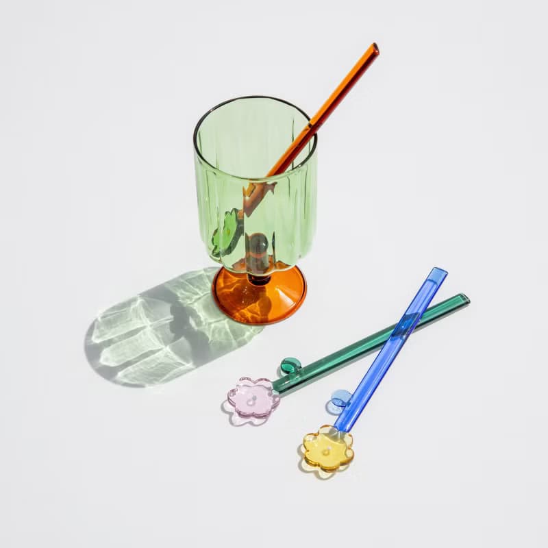 【夏日涼感】日本耐熱玻璃-繽紛撞色飲品杯+同色花花攪拌棒