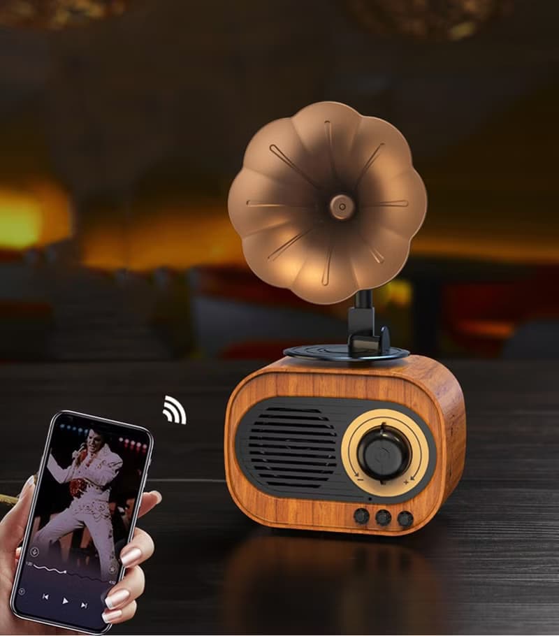 復古留聲機 歐式大喇叭 藍芽音響 木紋收音機