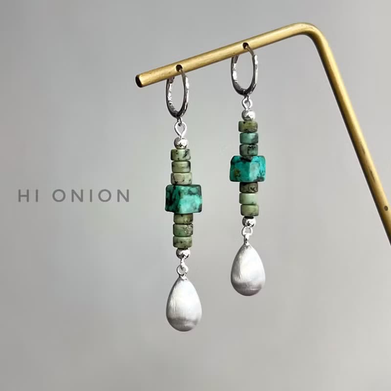 Hi onion原創小眾設計綠松石銀耳扣耳夾水滴長款新中式男女耳飾