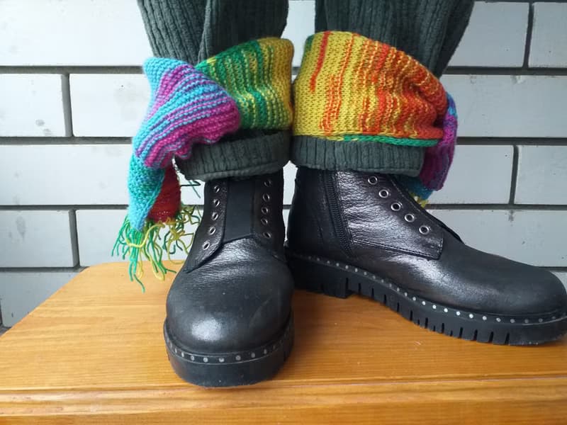 Rainbow hand knitted ankle scarf in wool
