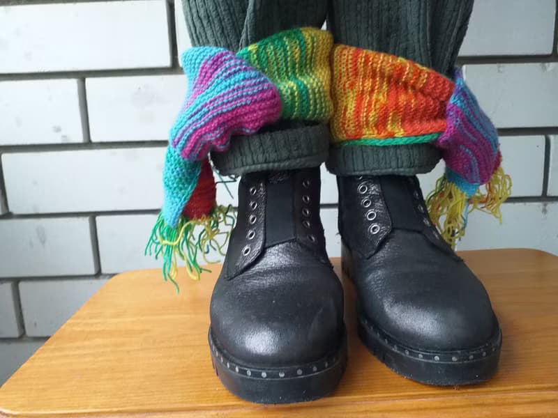 Rainbow hand knitted ankle scarf in wool