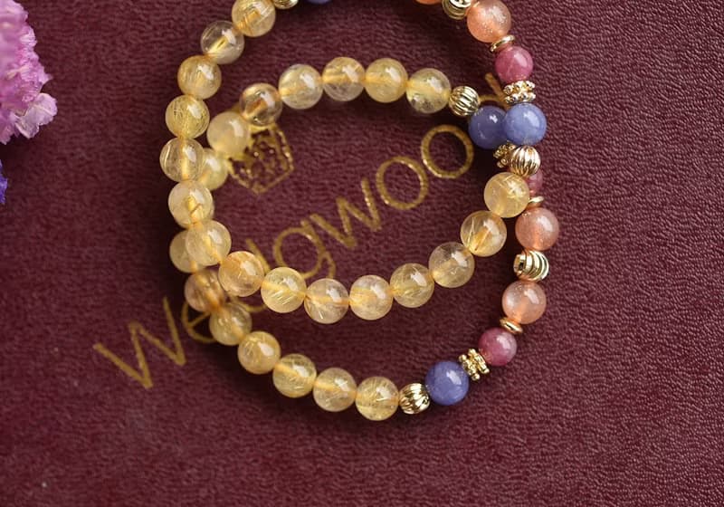 橘太陽石+丹泉石+桃紅碧璽+鈦晶鍍金水晶手鍊