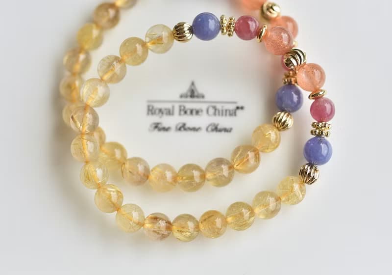 橘太陽石+丹泉石+桃紅碧璽+鈦晶鍍金水晶手鍊