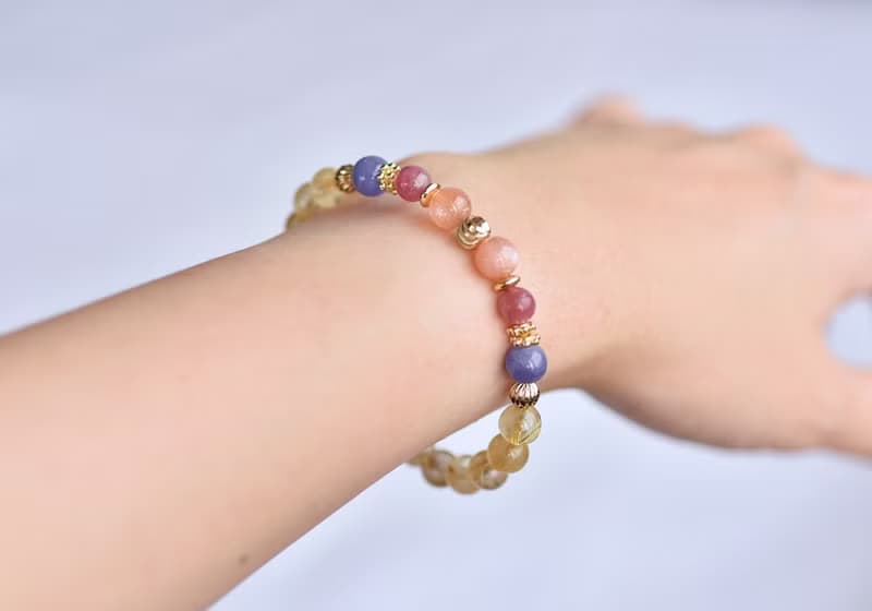 橘太陽石+丹泉石+桃紅碧璽+鈦晶鍍金水晶手鍊